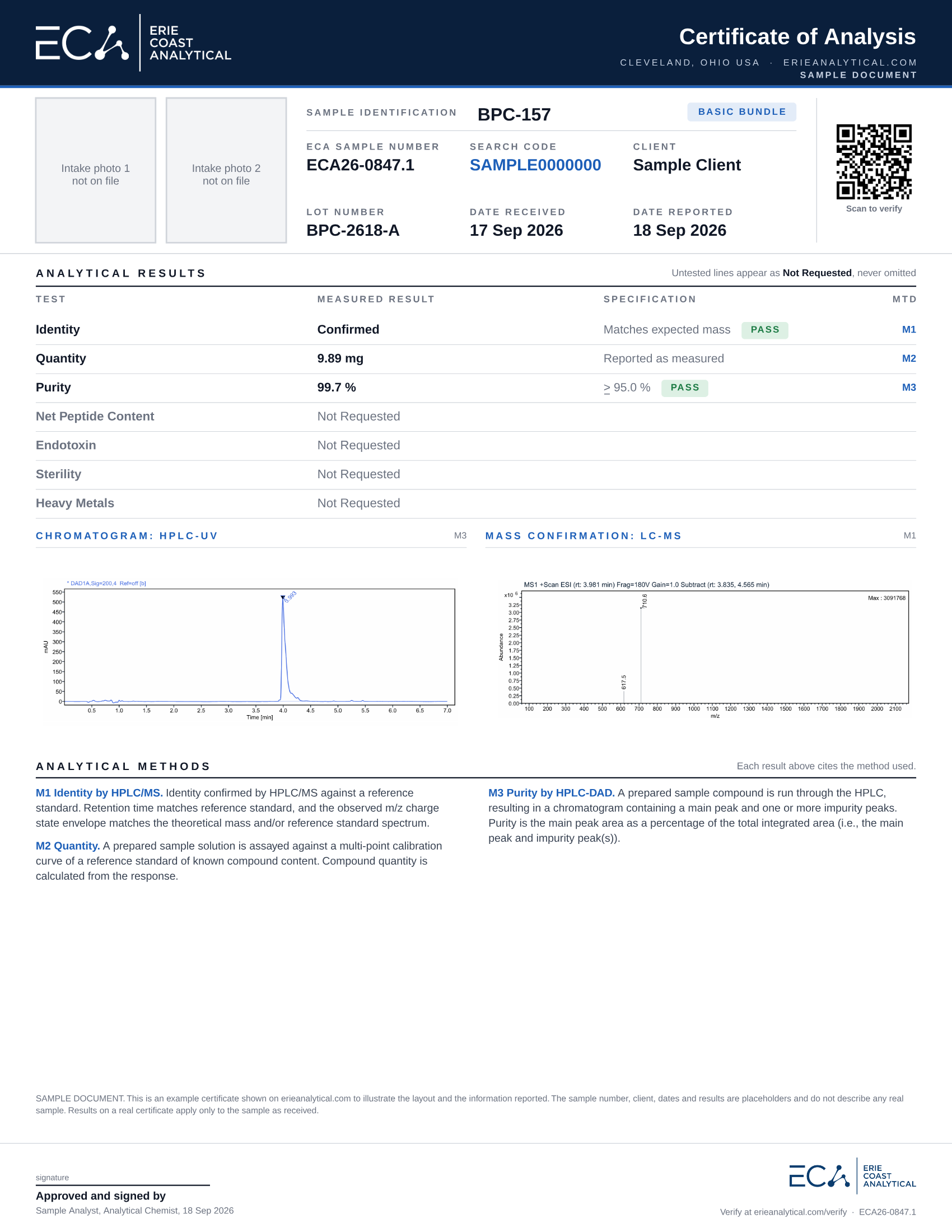 Sample Erie Coast Analytical Certificate of Analysis for BPC-157, showing identity confirmed, 99.7% HPLC purity, 9.89 mg measured quantity, the HPLC chromatogram and LC-MS mass confirmation charts, the analytical methods, and the signature line.